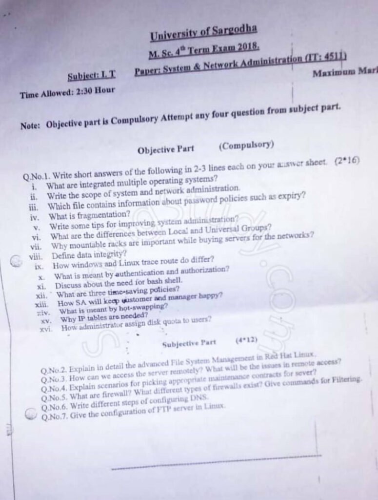 System Network & Administration MSc IT 4th Term 2018 Past Paper UOS