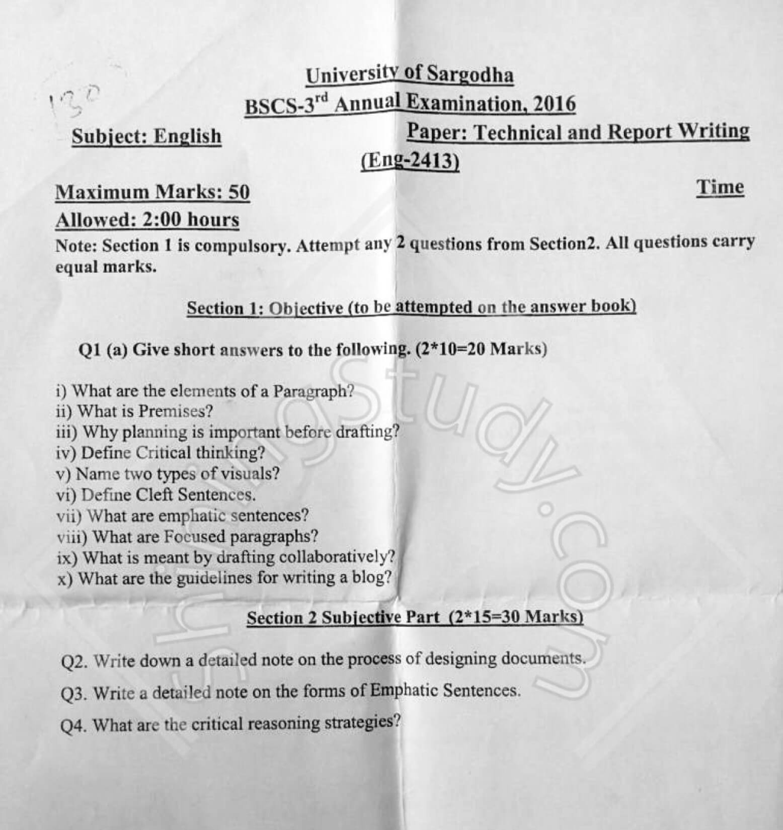 Technical English and Report Writing BSCS 3rd Term 2016 Past Paper UOS