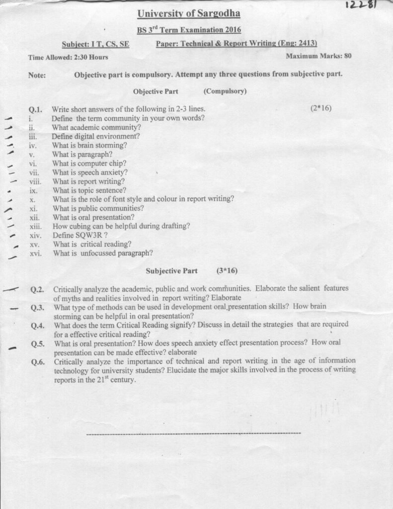 Technical English and Report Writing BSIT, CS, SE 3rd Term 2016 Past Paper UOS