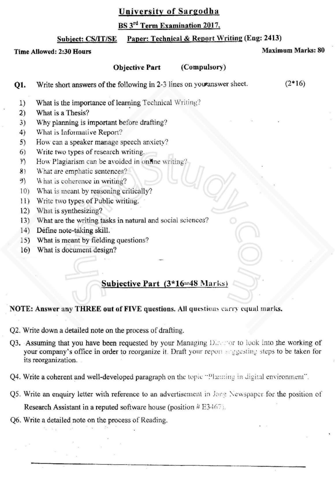 Technical English and Report Writing BSIT , CS , SE 3rd Term 2017 Past Paper UOS 1