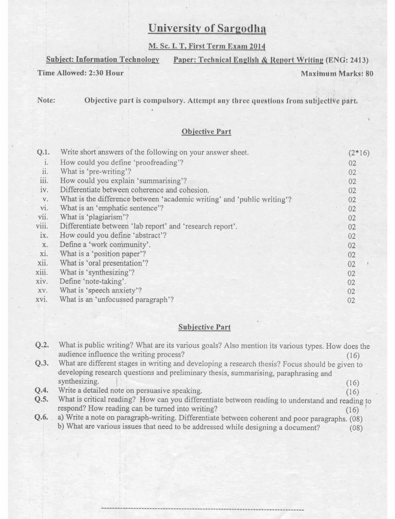 Technical English and Report Writing M.ScIT 1st Term 2014 Past Paper UOS