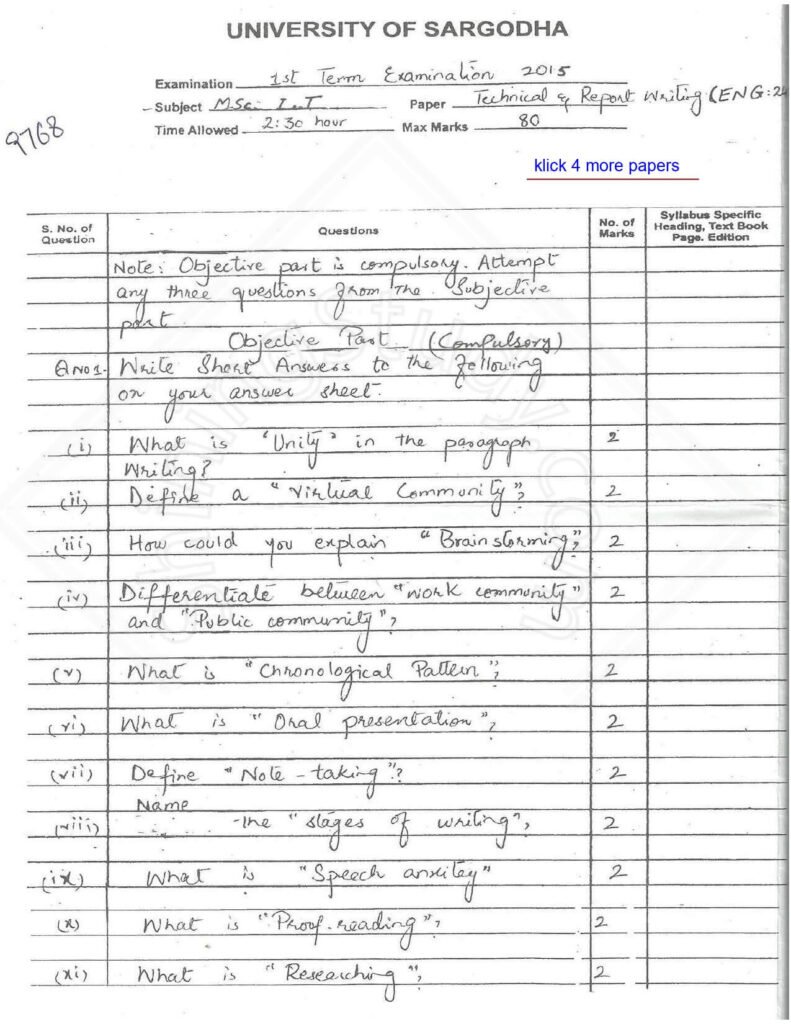 Technical English and Report Writing M.ScIT 1st Term 2015 Past Paper UOS 1