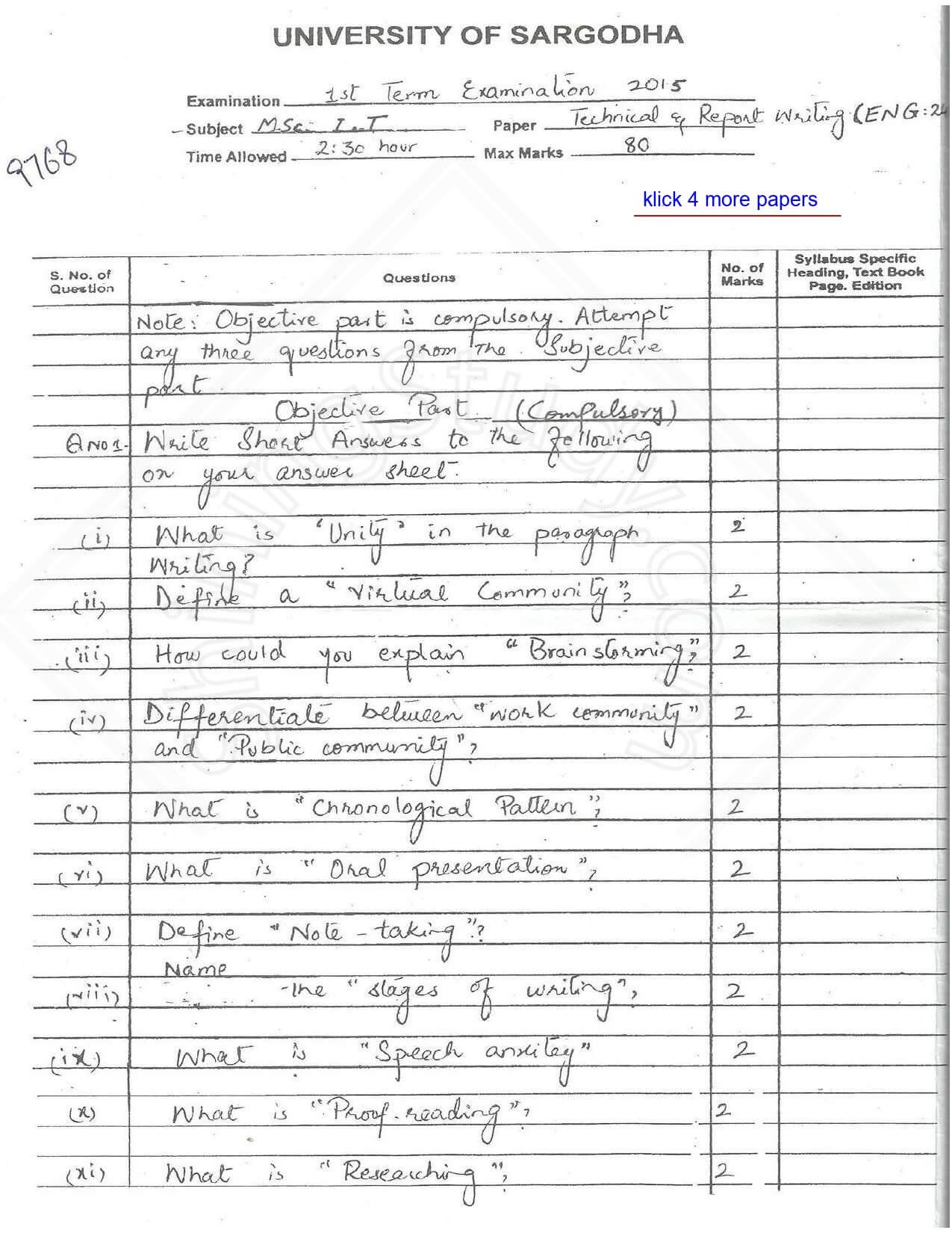 Technical English and Report Writing M.ScIT 1st Term 2015 Past Paper UOS 1