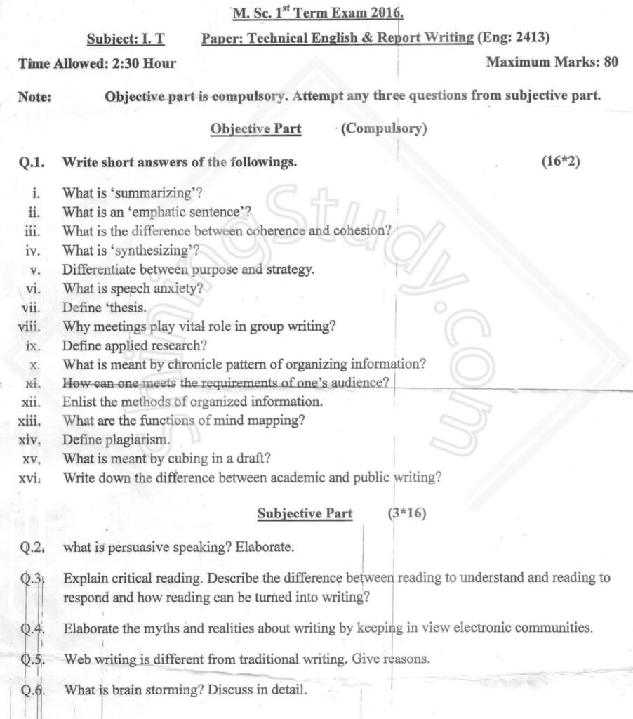 Technical English and Report Writing M.ScIT 1st Term 2016 Past Paper UOS