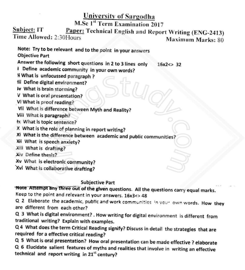 Technical English and Report Writing M.ScIT 1st Term 2017 Past Paper UOS
