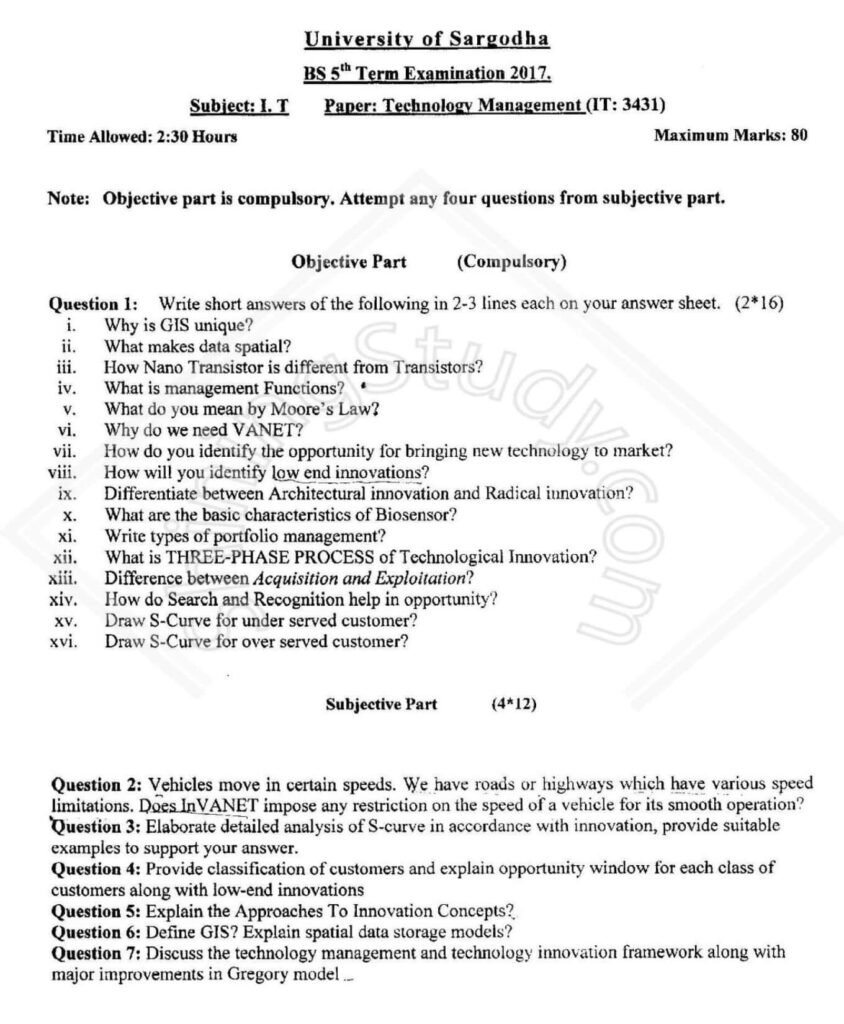 Technology Management BS IT 5th Term Past Paper 2017 UOS