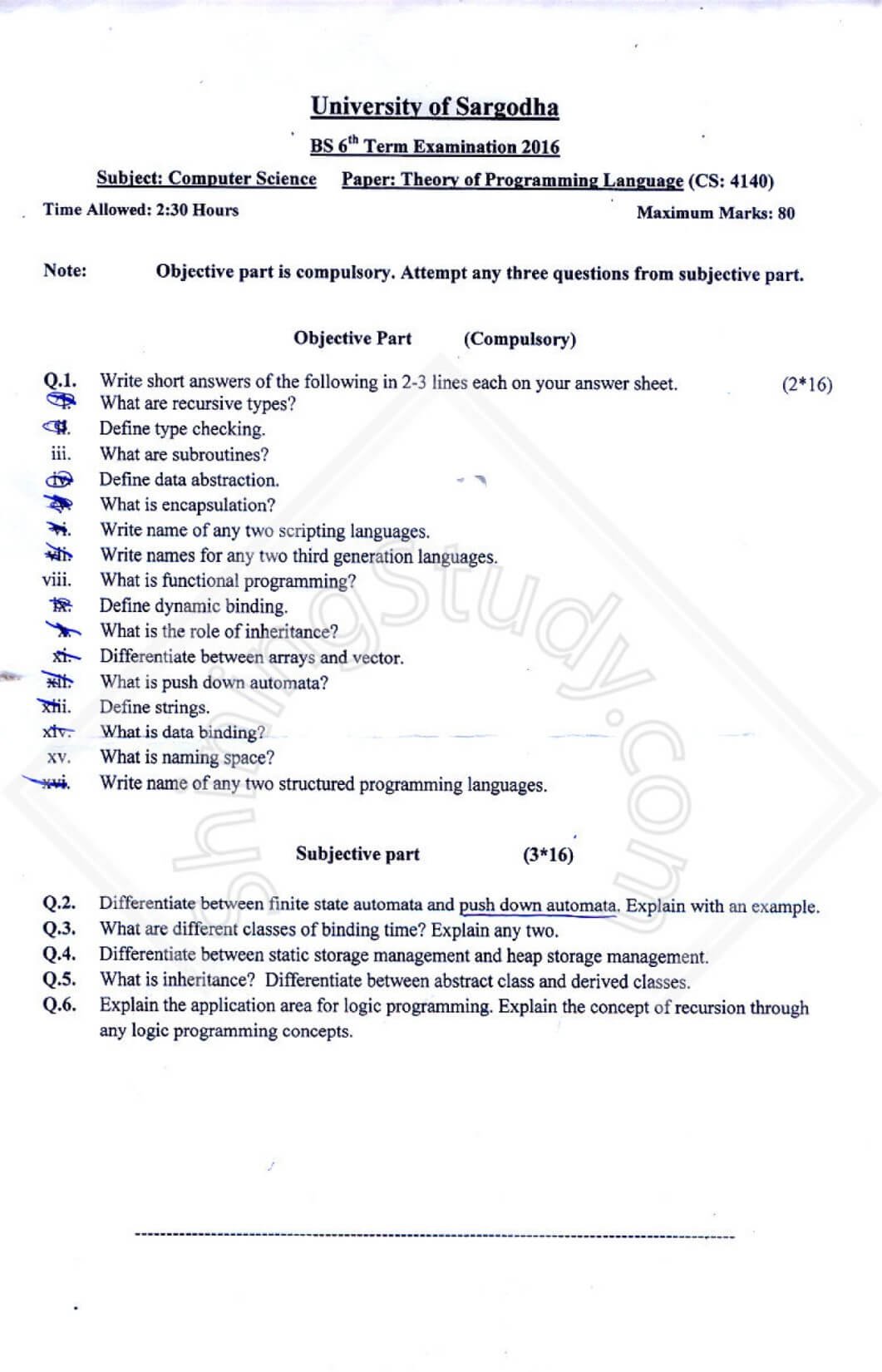 Theory Of Programming Language BSCS 6th Term 2016 UOS