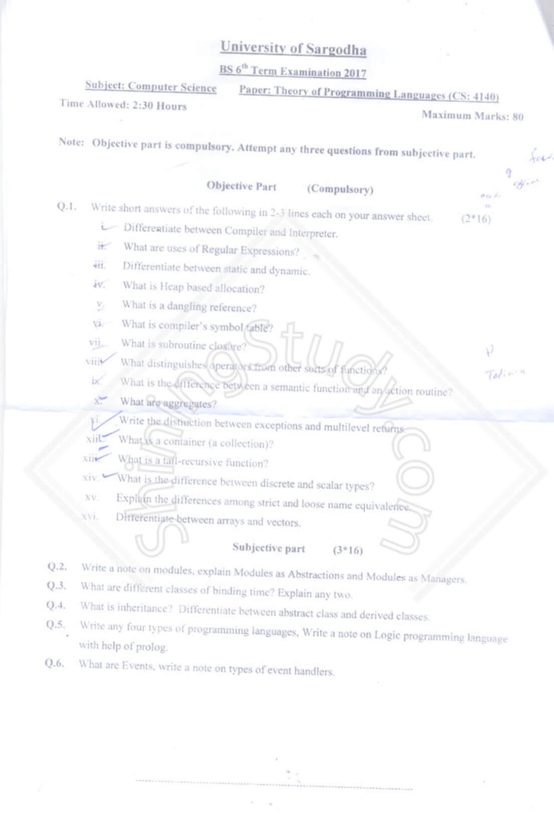 Theory Of Programming Language BSCS 6th Term 2017 UOS
