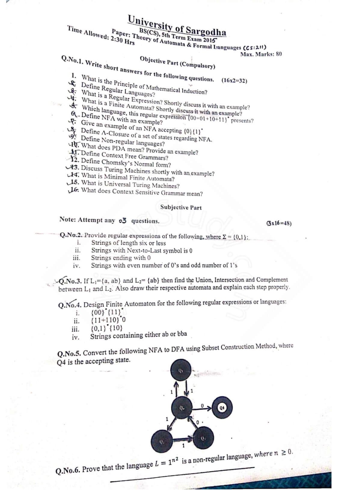 Theory of Automata BSCS 5th Term Past Paper 2015 UOS