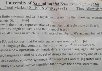 Theory of Automata BSCS 5th Term Past Paper UOS