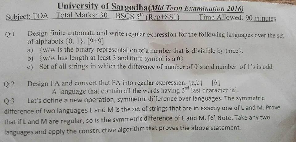 Theory of Automata BSCS 5th Term Past Paper UOS