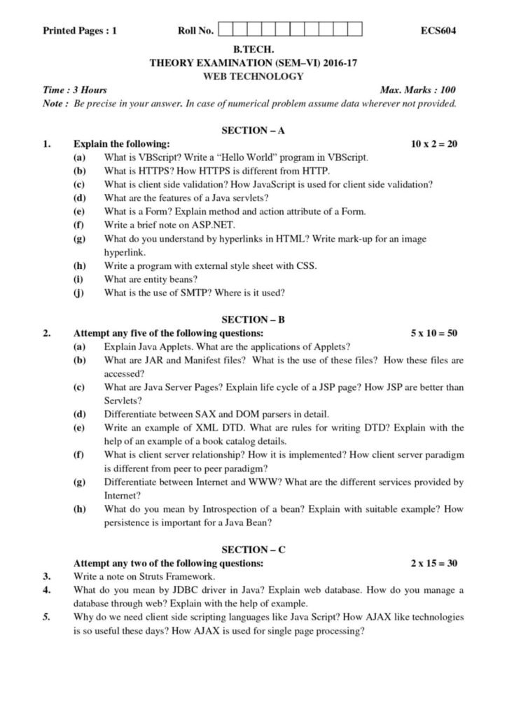 WEB SYSTEM & TECHNOLOGIES B.Tech 6th Term 2016 17 Past Paper UOS