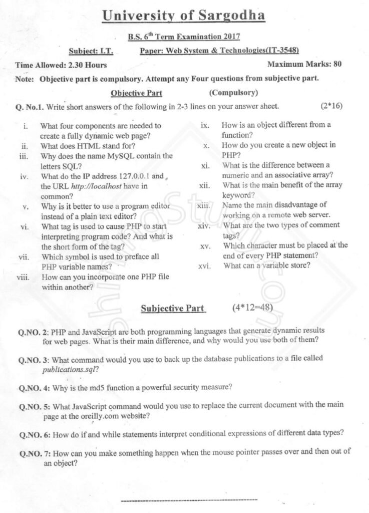 WEB SYSTEM & TECHNOLOGIES BS IT 6th Term 2017 Past Paper UOS