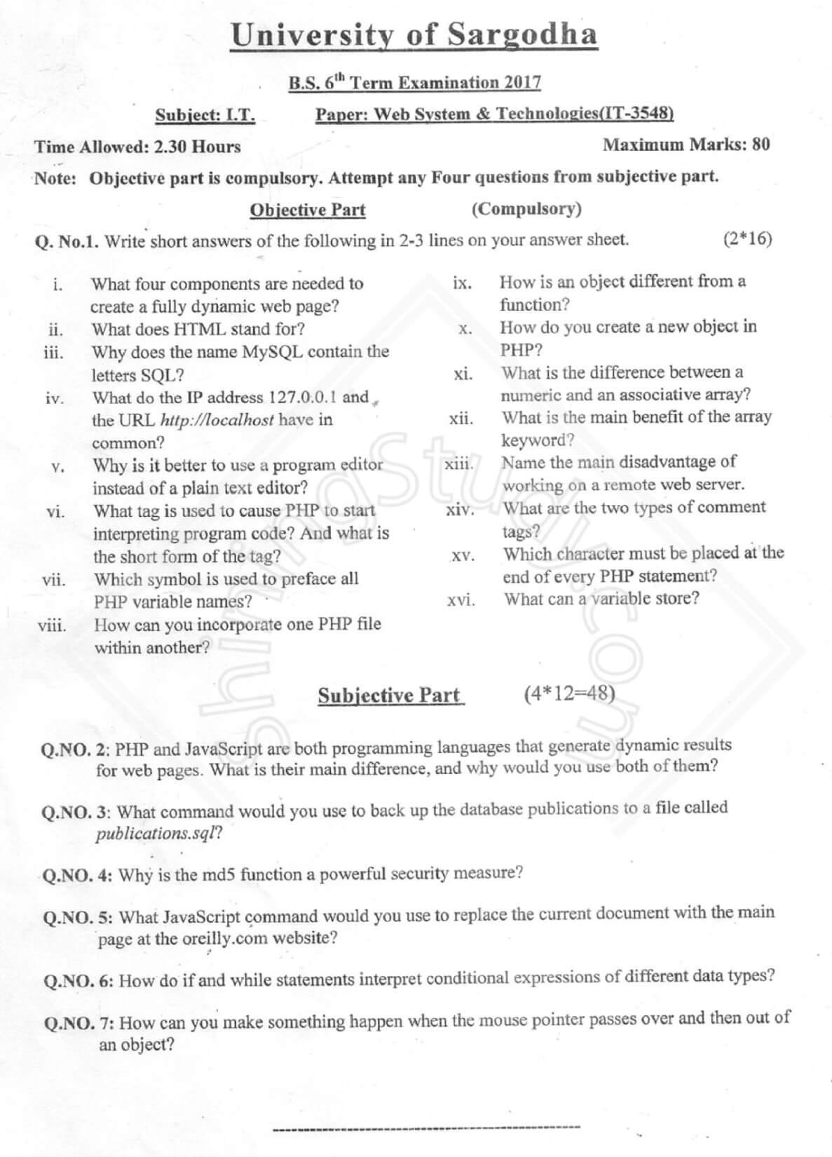 WEB SYSTEM & TECHNOLOGIES BS IT 6th Term 2017 Past Paper UOS