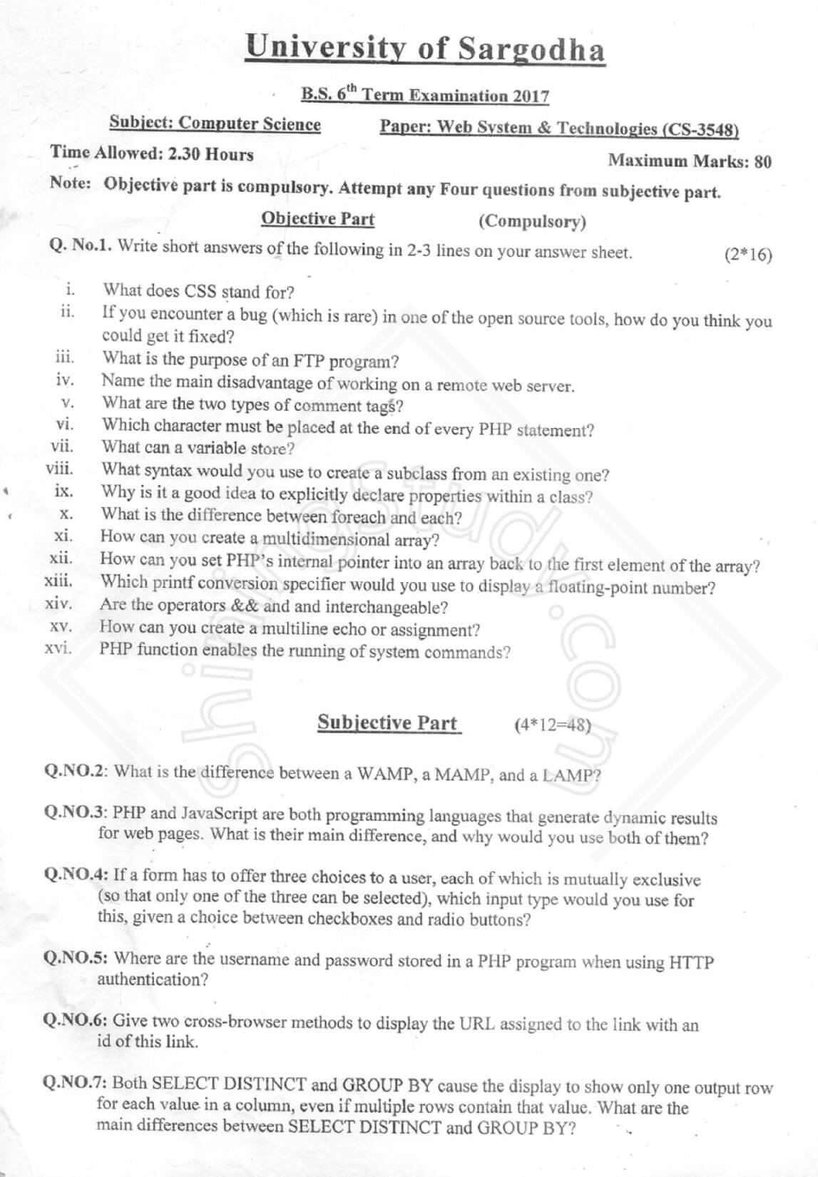 WEB SYSTEM & TECHNOLOGIES BSCS 6th Term 2017 Past Paper UOS