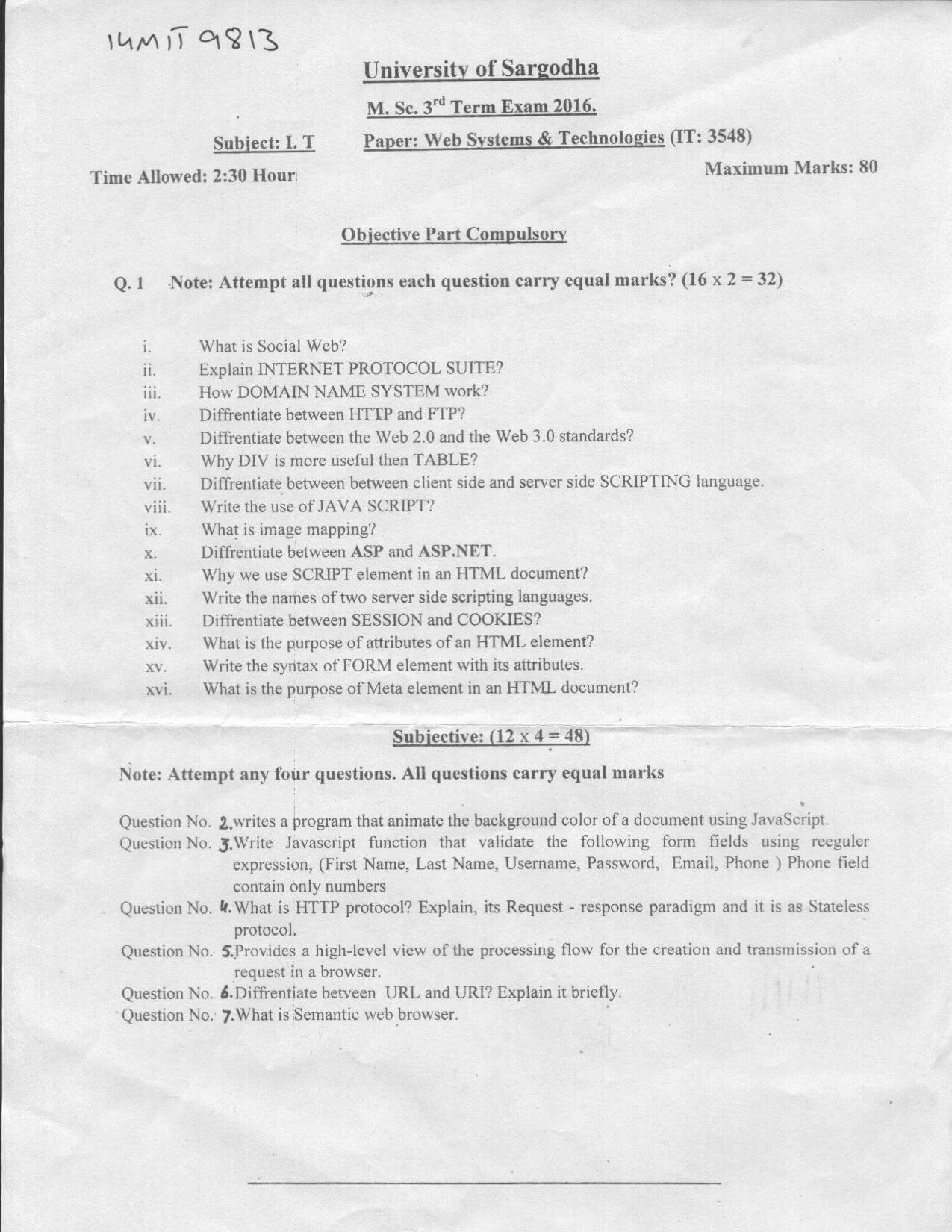 WEB SYSTEM & TECHNOLOGIES MSc IT 3rd Term 2016 Past Paper UOS