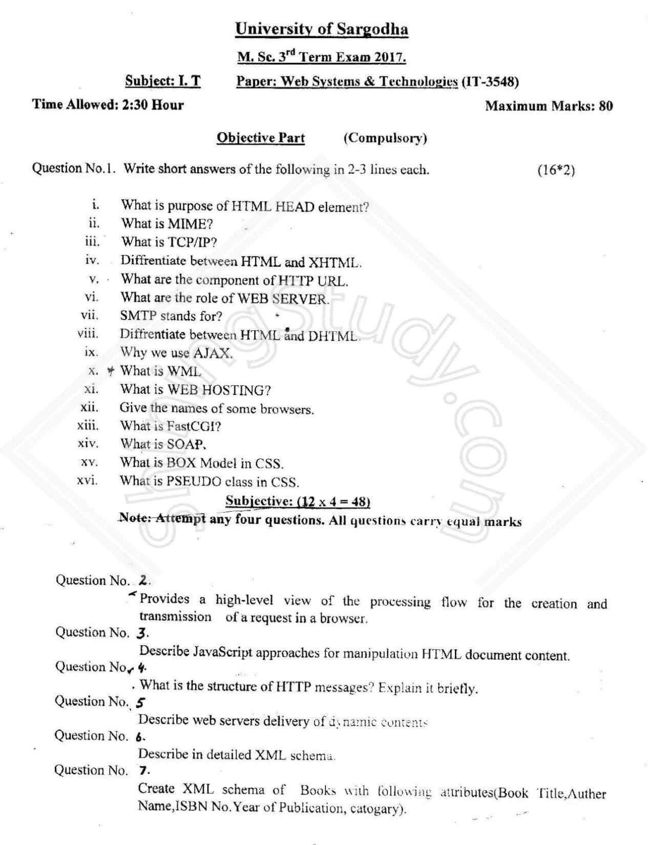 WEB SYSTEM & TECHNOLOGIES MSc IT 3rd Term 2017 Past Paper UOS