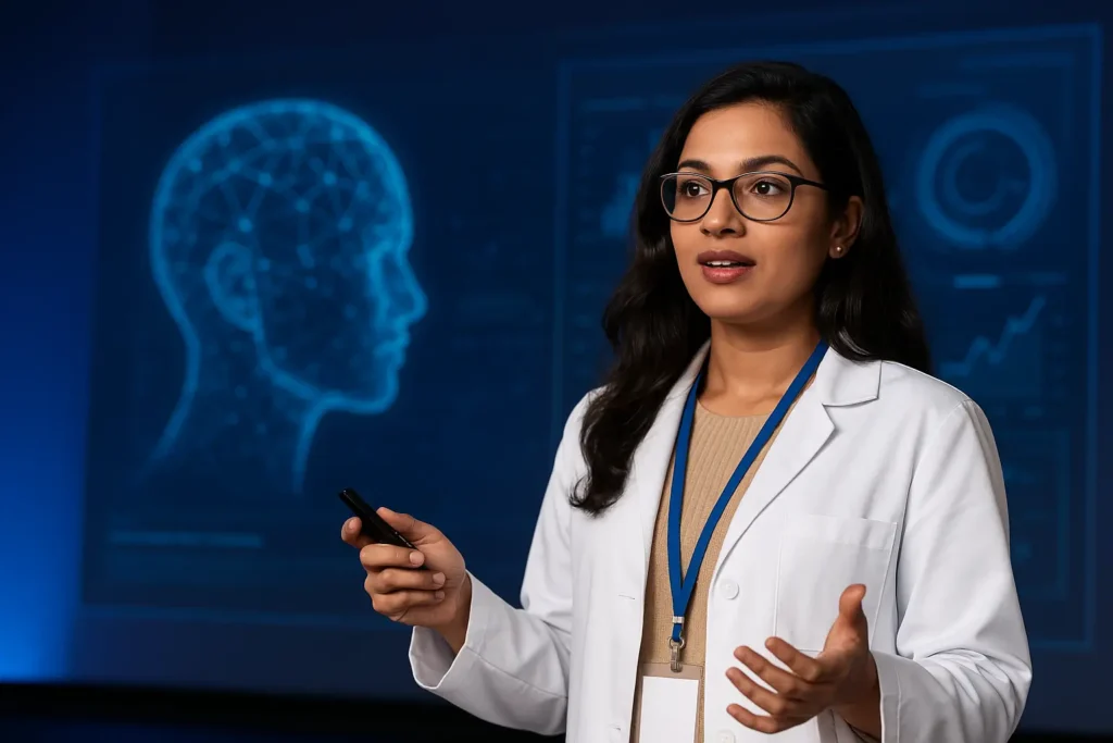 "Young woman scientist presenting STEM research at an international technology conference 2025, symbolizing women in science leadership."