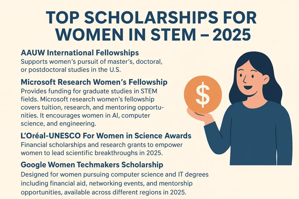 Scholarship opportunities for women in STEM 2025 – illustration of global education, research, and funding support for female scientists and engineers.
