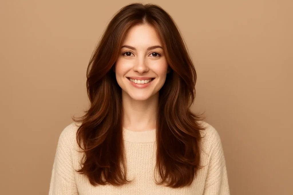 woman with long layered chestnut brown hair