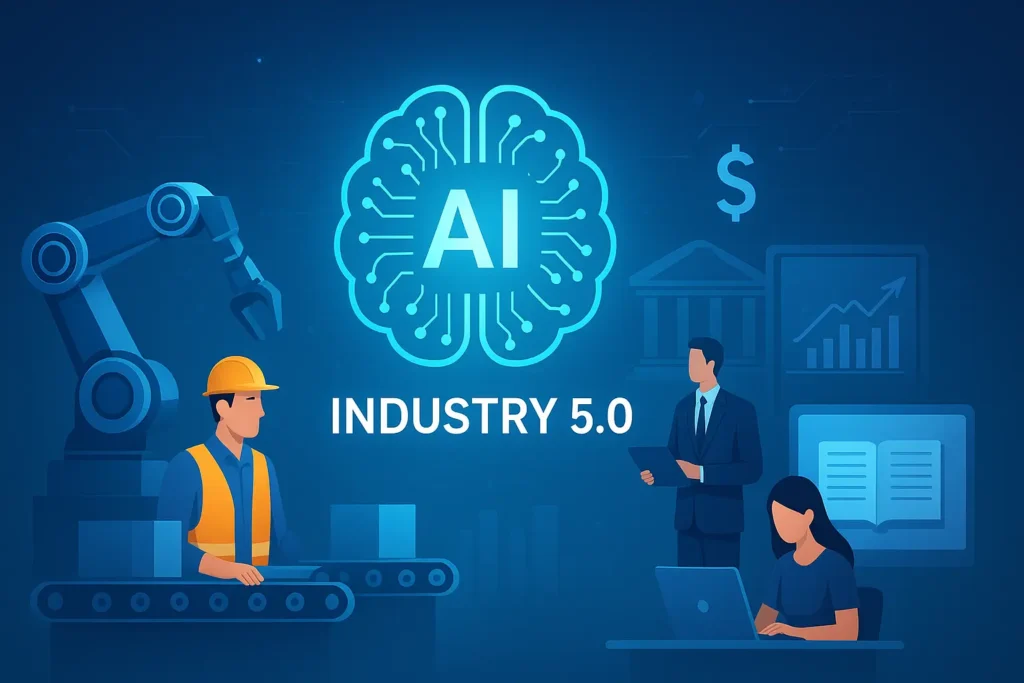 From AI to 5G: The Future Is Now 5 Futuristic Industry 5.0 illustration showing AI integration in manufacturing