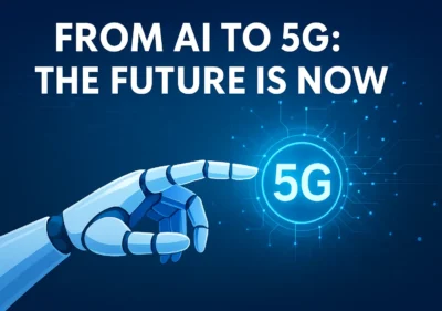 “Futuristic digital illustration showing a robotic hand touching a glowing 5G symbol