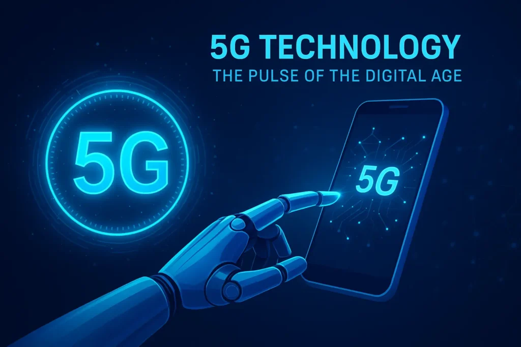 From AI to 5G: The Future Is Now 3 Futuristic digital image showing a robotic hand interacting with a smartphone displaying a glowing 5G symbol