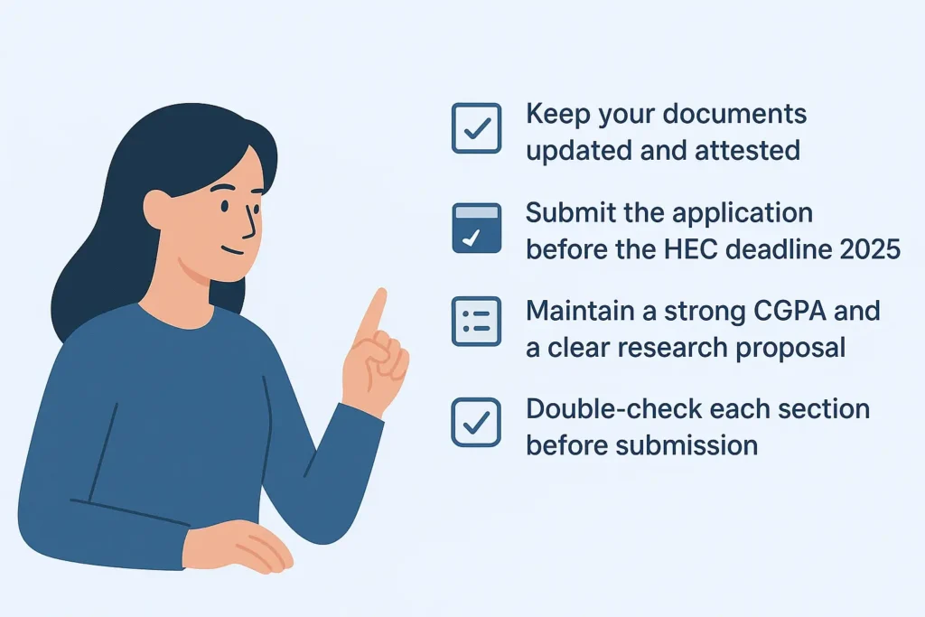 Step-by-Step Guide to Applying for HEC Scholarships (2025) 5 “HEC Scholarships Pakistan 2025 – key tips for successful application approval including updated documents, CGPA, and timely submission