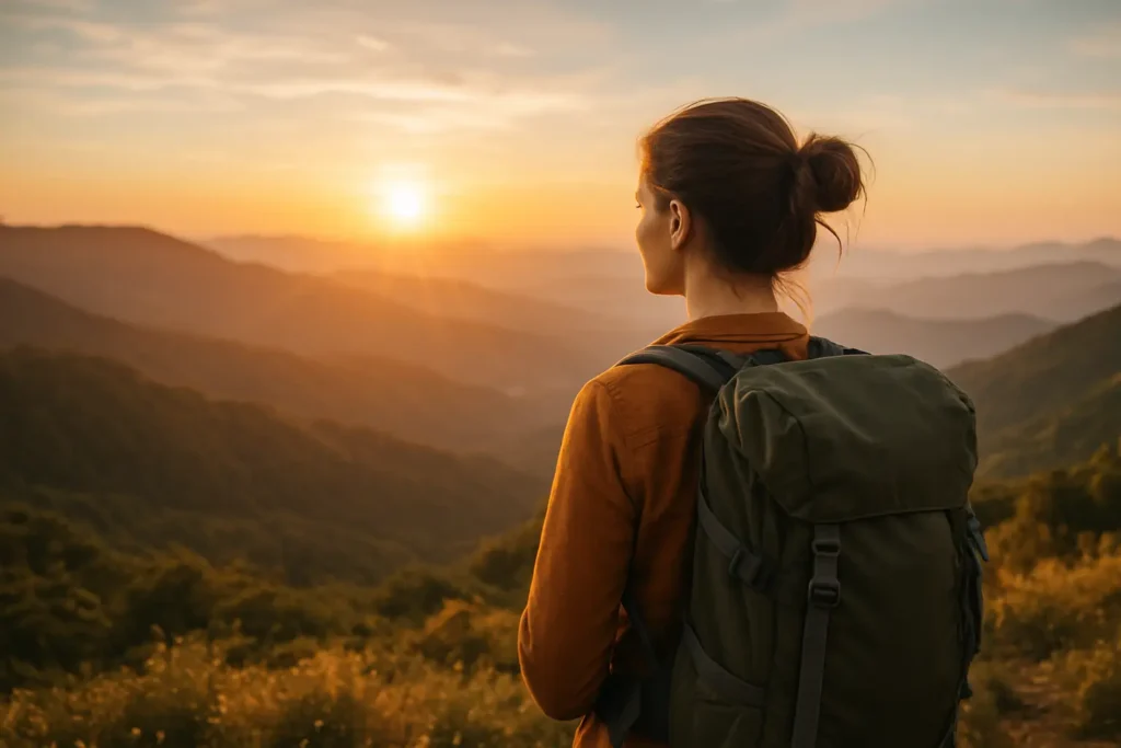 Your Passport to Adventure: Explore the World Like Never Before 2 Traveler standing on mountain viewpoint at sunset with backpack