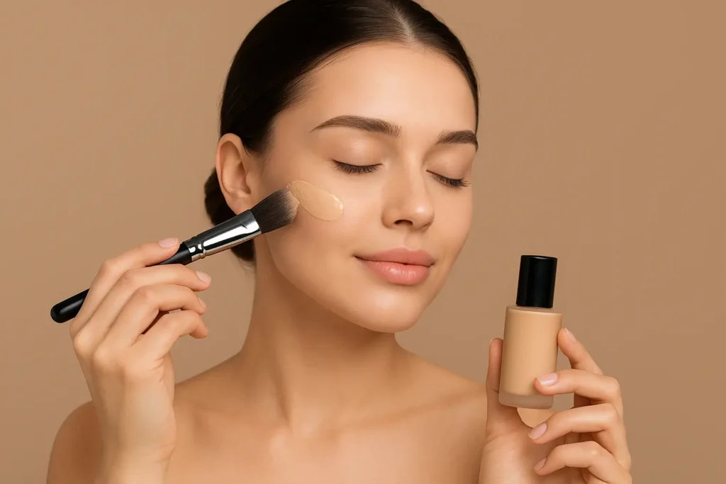 Simple Hair and Makeup Tricks That Actually Work 2 Woman applying liquid foundation with a makeup brush for a natural, flawless base