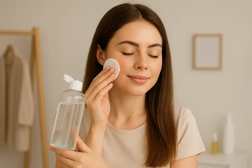 Simple Hair and Makeup Tricks That Actually Work 5 Woman removing makeup with micellar water using a cotton pad during nighttime skincare routine