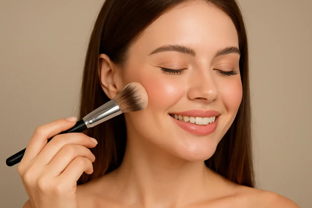 Simple Hair and Makeup Tricks That Actually Work 3 Woman smiling while applying blush with a makeup brush for a natural, glowing look