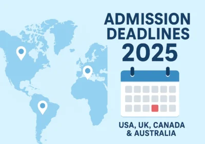 World map with calendar highlighting 2025 university admission deadlines for USA, UK, Canada, and Australia