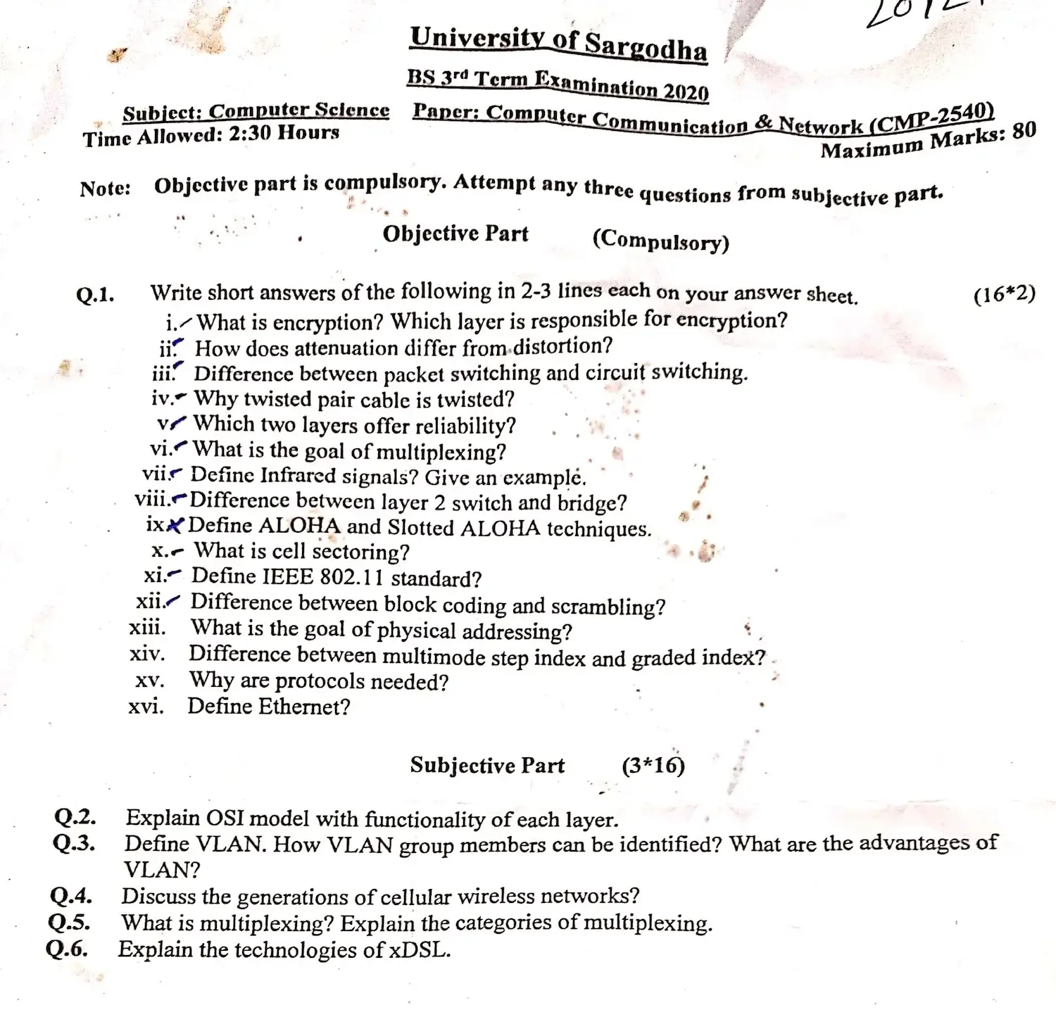 Computer Communication and Network CMP-2540 Past Paper 2020 BS Computer Science University of Sargodha
