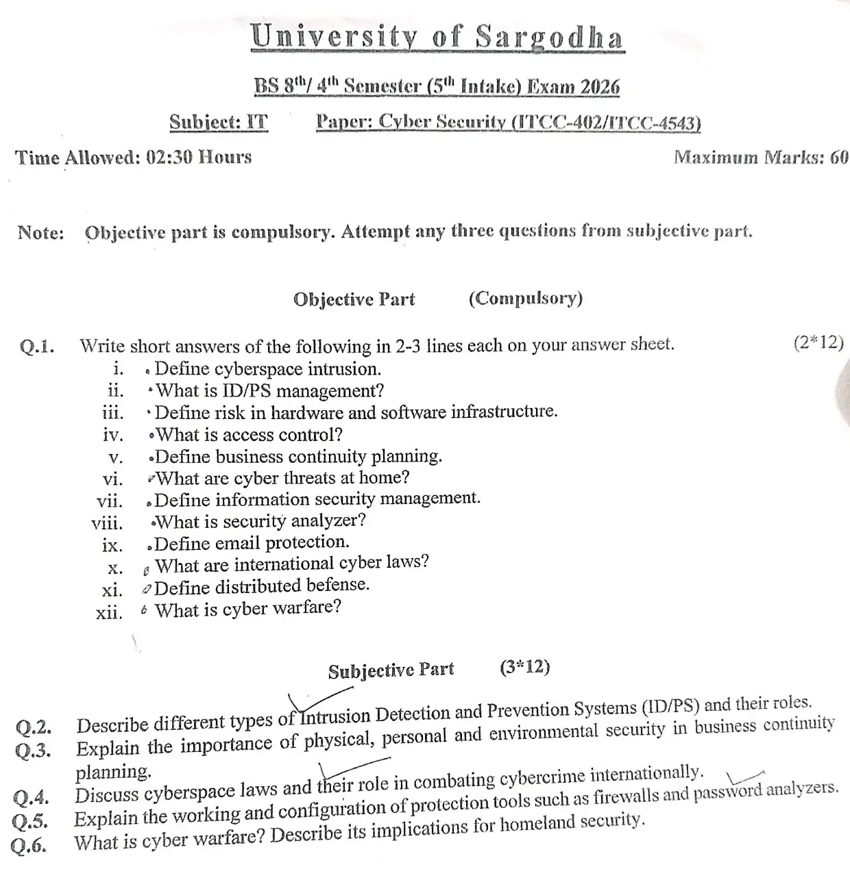 Cyber Security Past Paper 2026 BS IT University of Sargodha