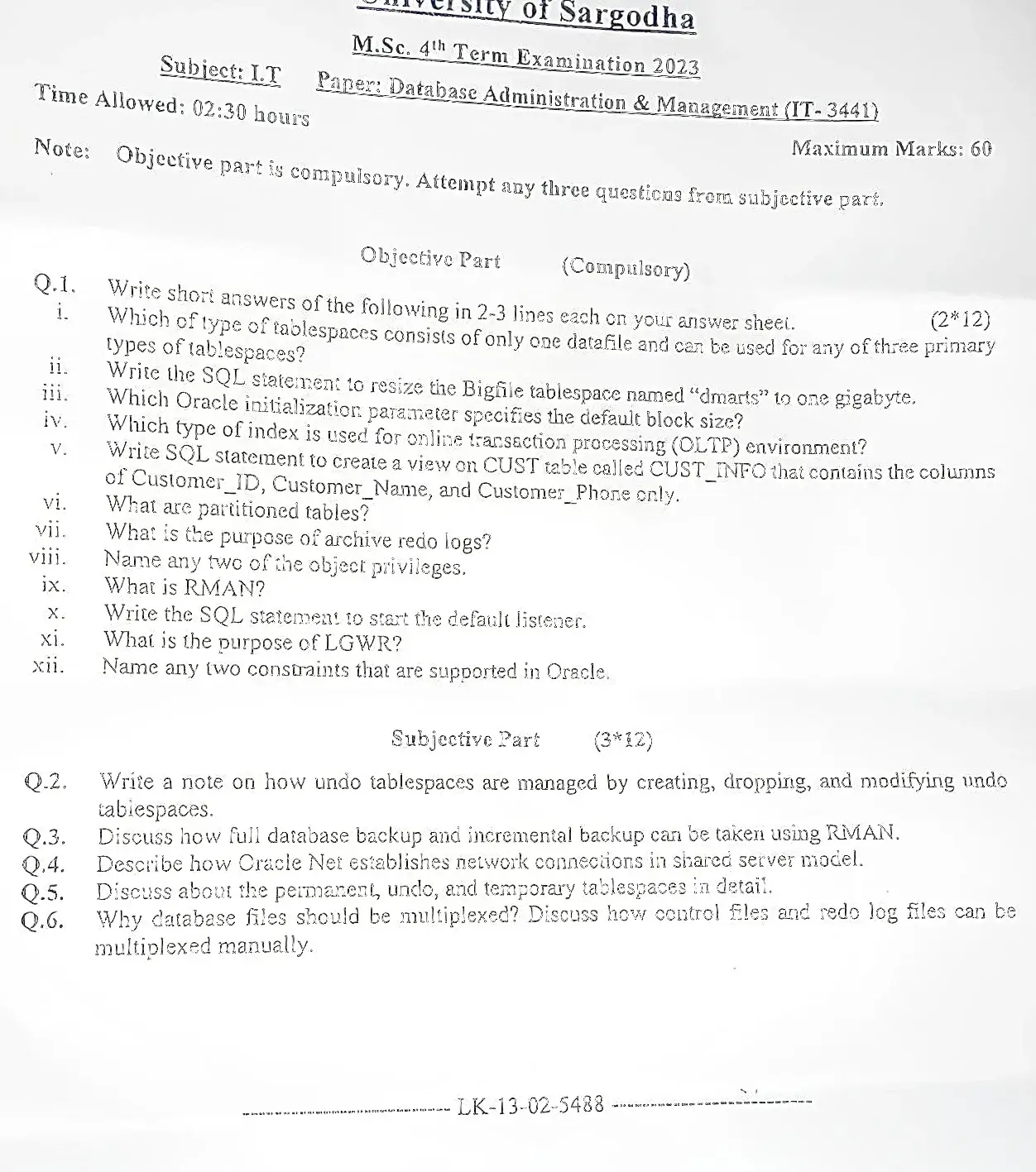 Database Administration and Management IT-3441 Past Paper 2023 MSc IT University of Sargodha