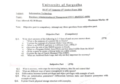 Welcome to Shining Study 29 Database Administration and Management Past Paper 2026 BS IT University of Sargodha