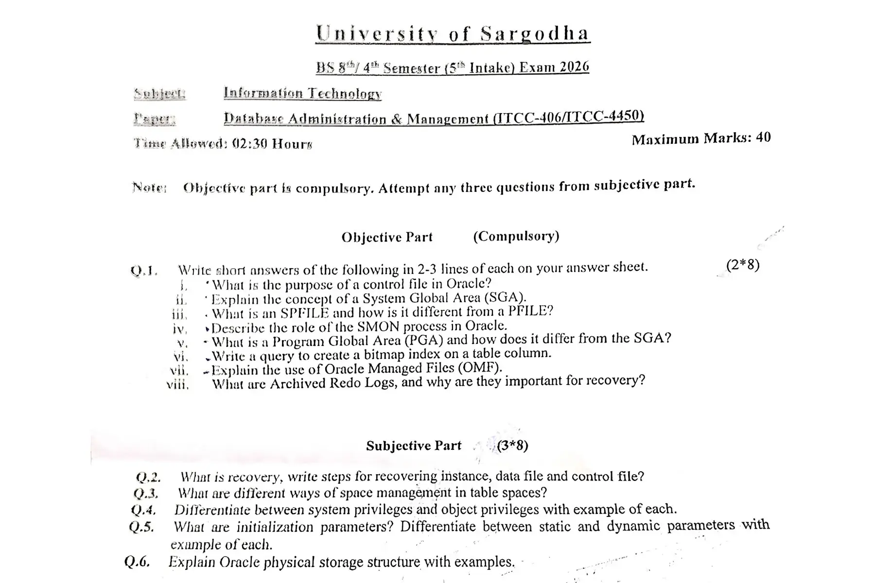 Database Administration and Management Past Paper 2026 BS IT University of Sargodha