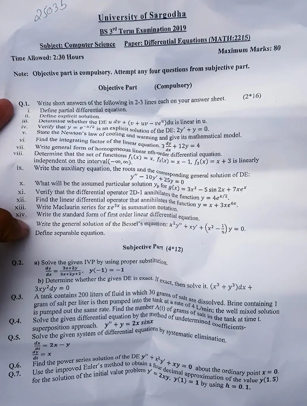 Differential Equations Past Paper 2019 BSCS University of Sargodha