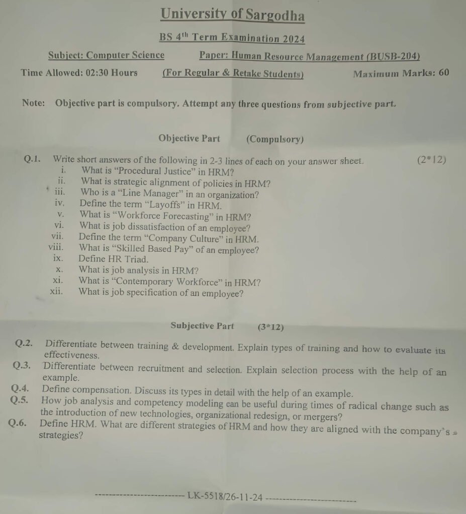 Human Resource Management Past Paper 2024