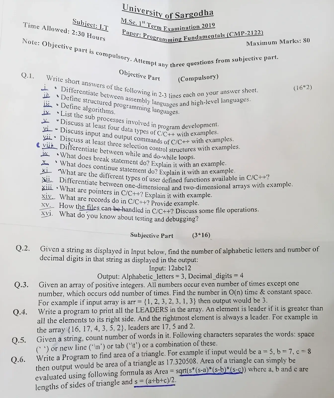 Programming Fundamentals Past Paper 2019 MSc IT University of Sargodha