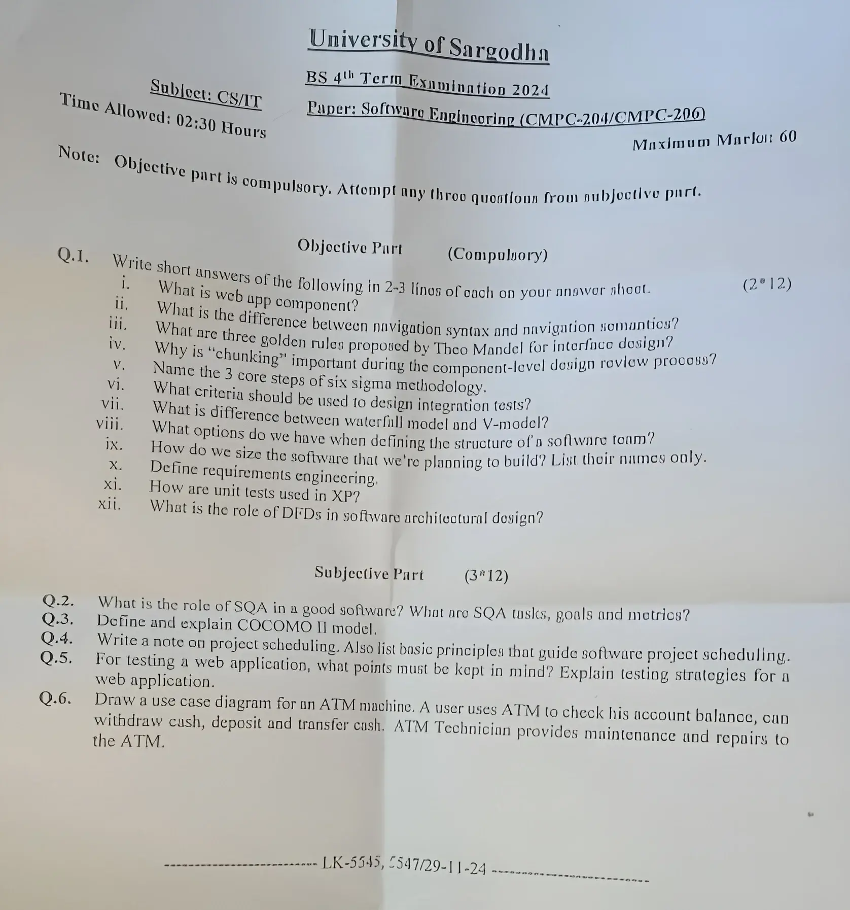 Software Engineering Past Paper 2024 | BS 4th Term UOS (CMPC-204) 1 Software Engineering Past Paper 2024