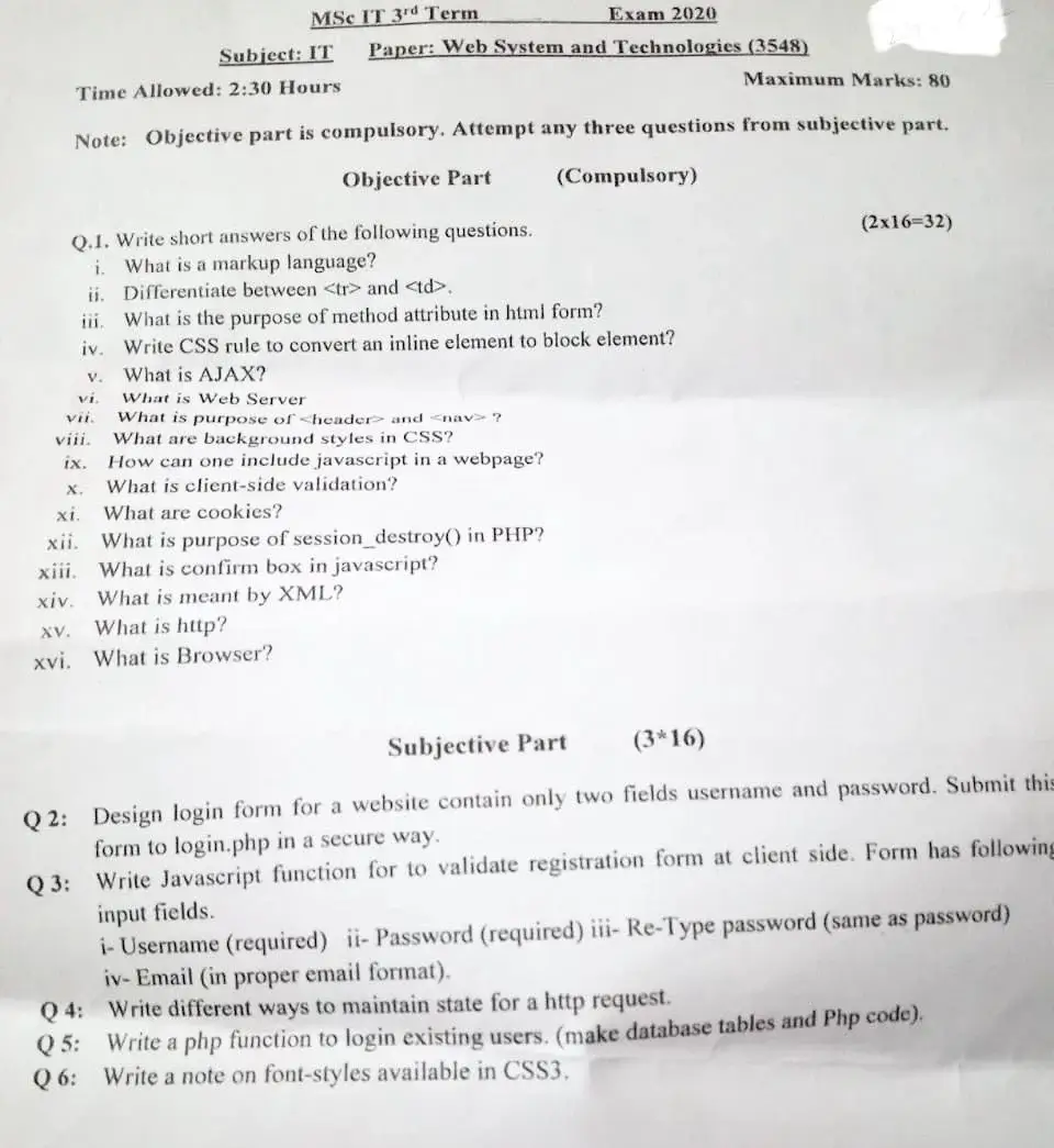 Web System and Technologies Past Paper 2020 MSc IT University of Sargodha