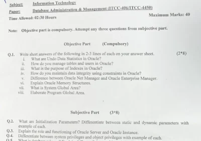 Welcome to Shining Study 26 Database Administration and Management ITCC-406 ITCC-4450 Past Paper 2024 BS IT University of Sargodha