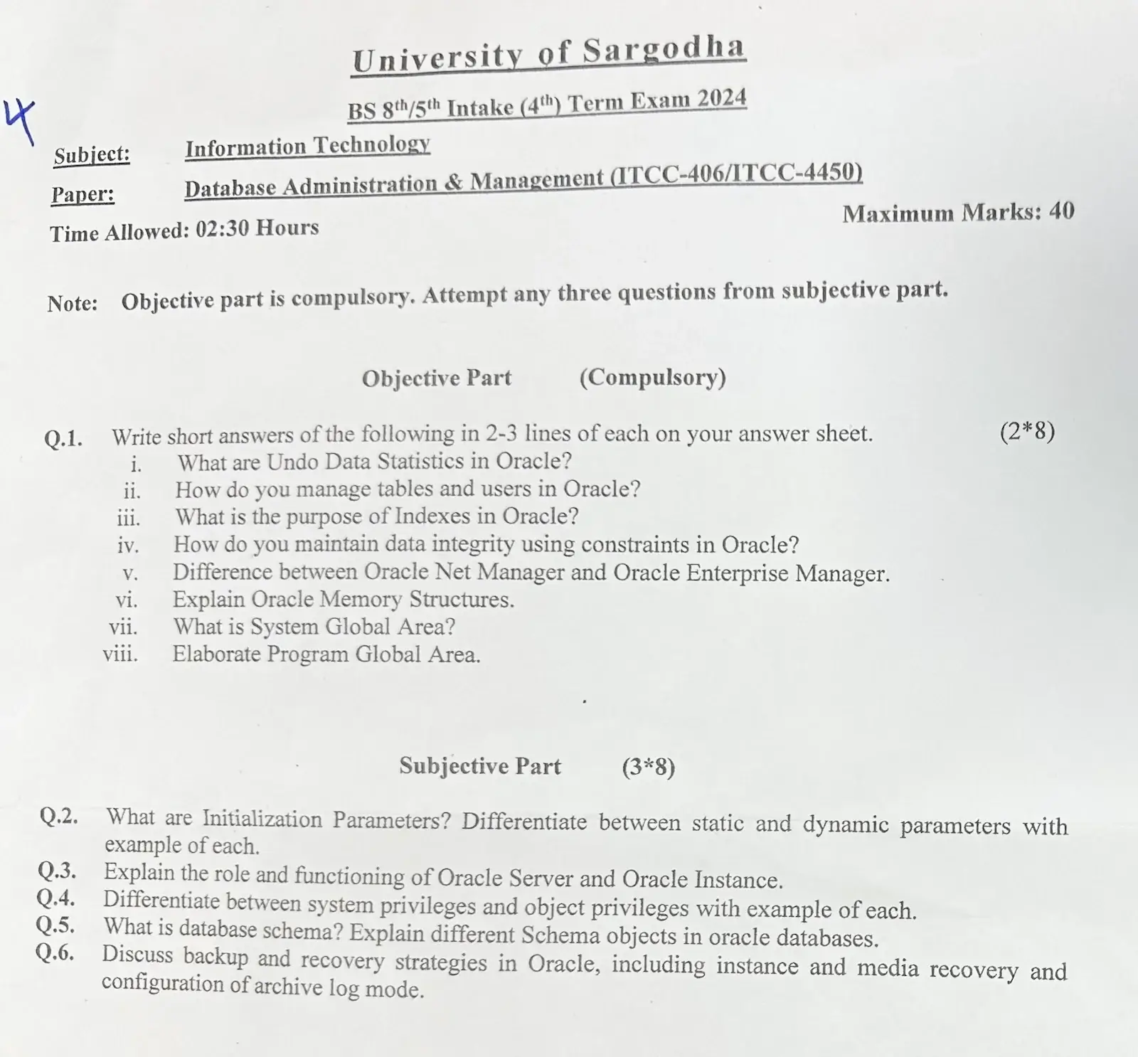 Database Administration and Management ITCC-406 ITCC-4450 Past Paper 2024 BS IT University of Sargodha