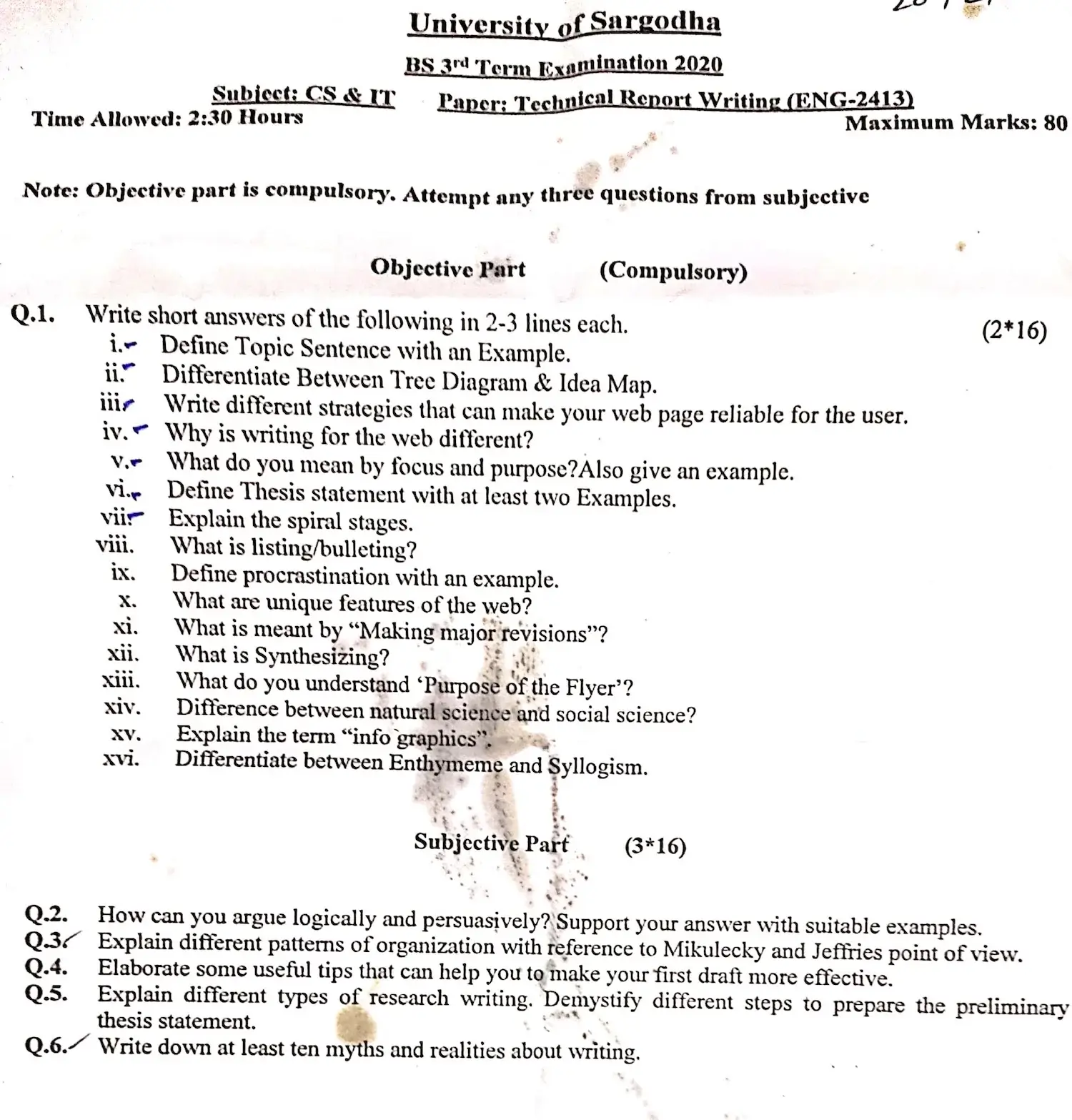 Technical Report Writing ENG-2413 Past Paper 2020 BS CS & IT University of Sargodha